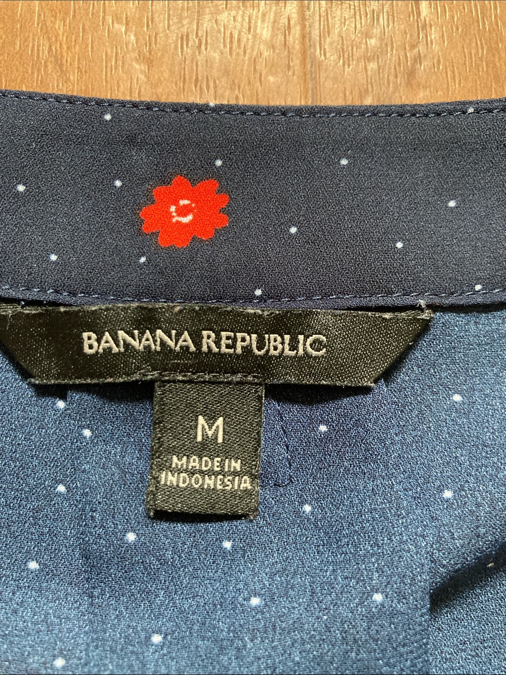 Banana Republic Navy Blouse with Red Flowers and Polka Dot Print Semi Sheer - Picture 3 of 8